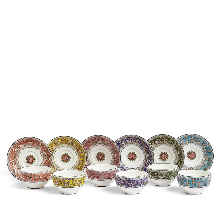 Florentine Tea Bowl & Saucer, Set of 6 Mixed Colours