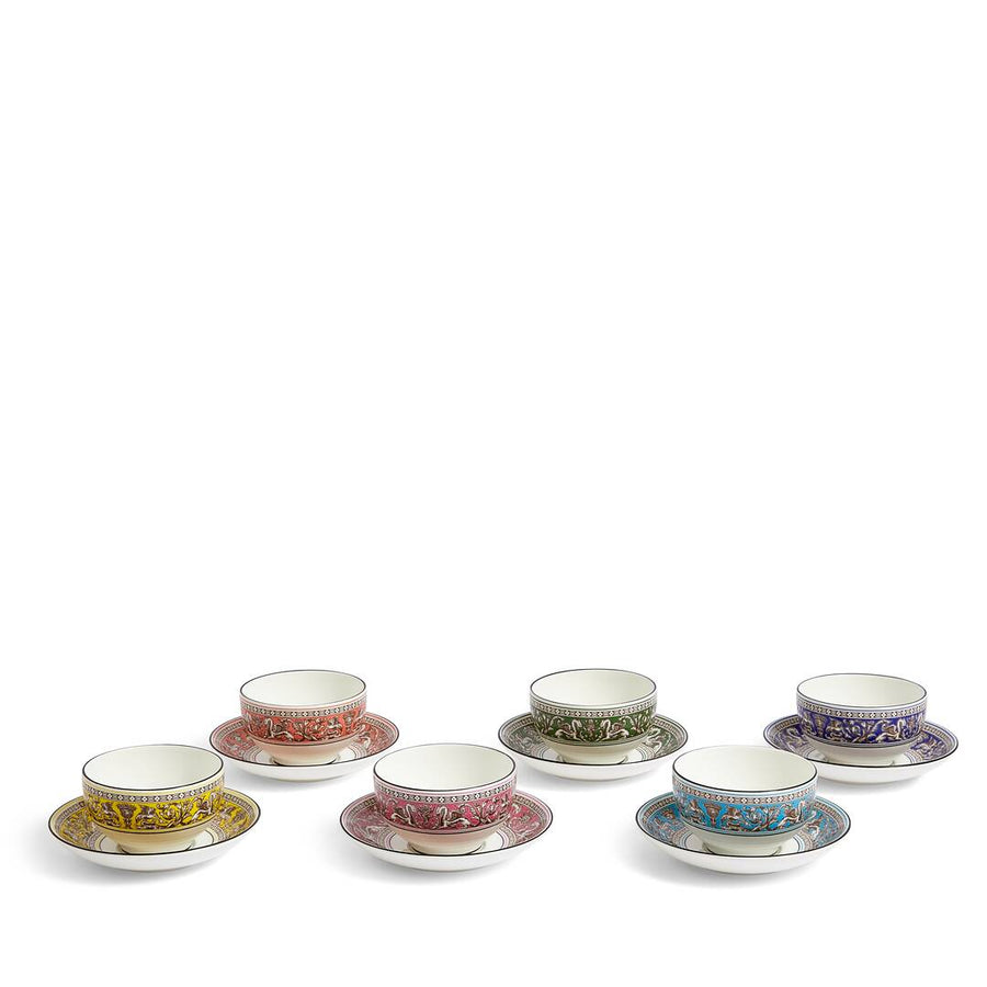 Florentine Tea Bowl & Saucer, Set of 6 Mixed Colours