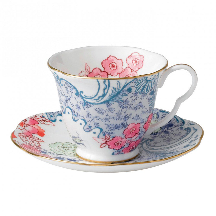 Butterfly Bloom Teacup and Saucer Blue and Pink